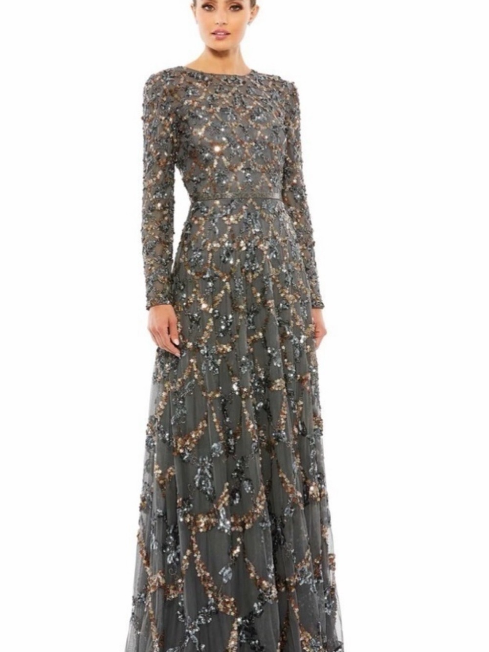 Mac Duggal Beaded Long Sleeve Gray & Gold Evening Gown